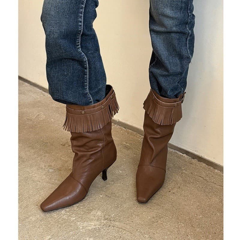 Retro borla pilha botas femininas marrom stiletto salto alto Mid-Tube moda botas outono novo estilo All-Match botas stil