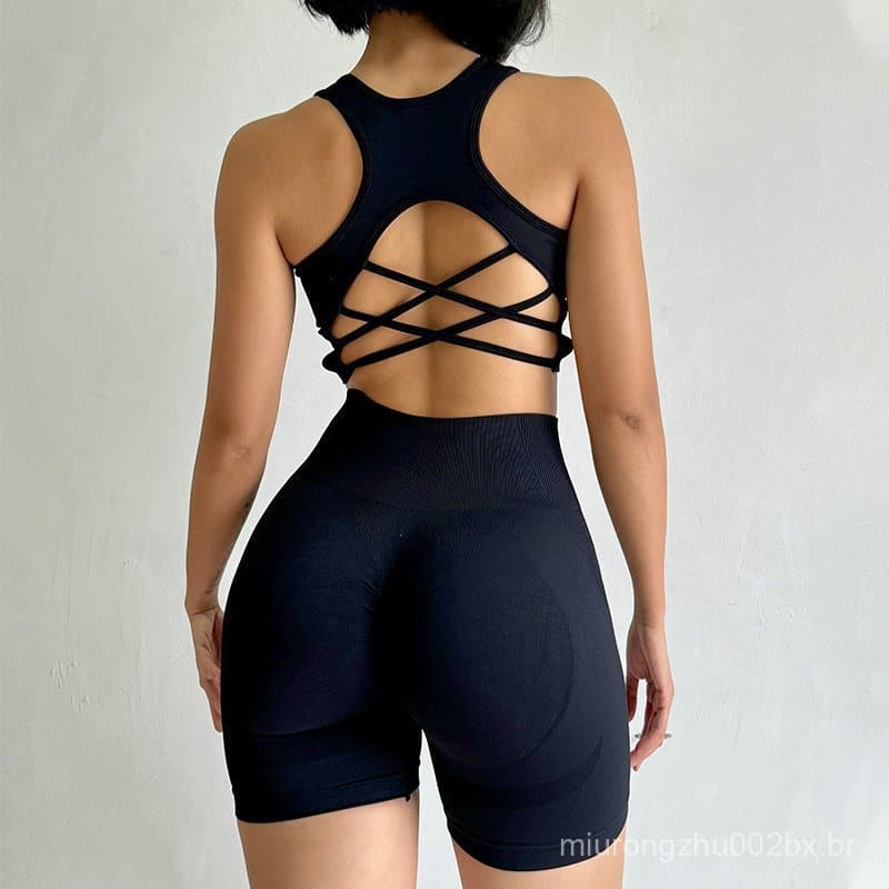 Conjunto de fitness feminino, lindo conjunto de yoga com costas à mostra, conjunto esportivo de duas peças de secagem rá