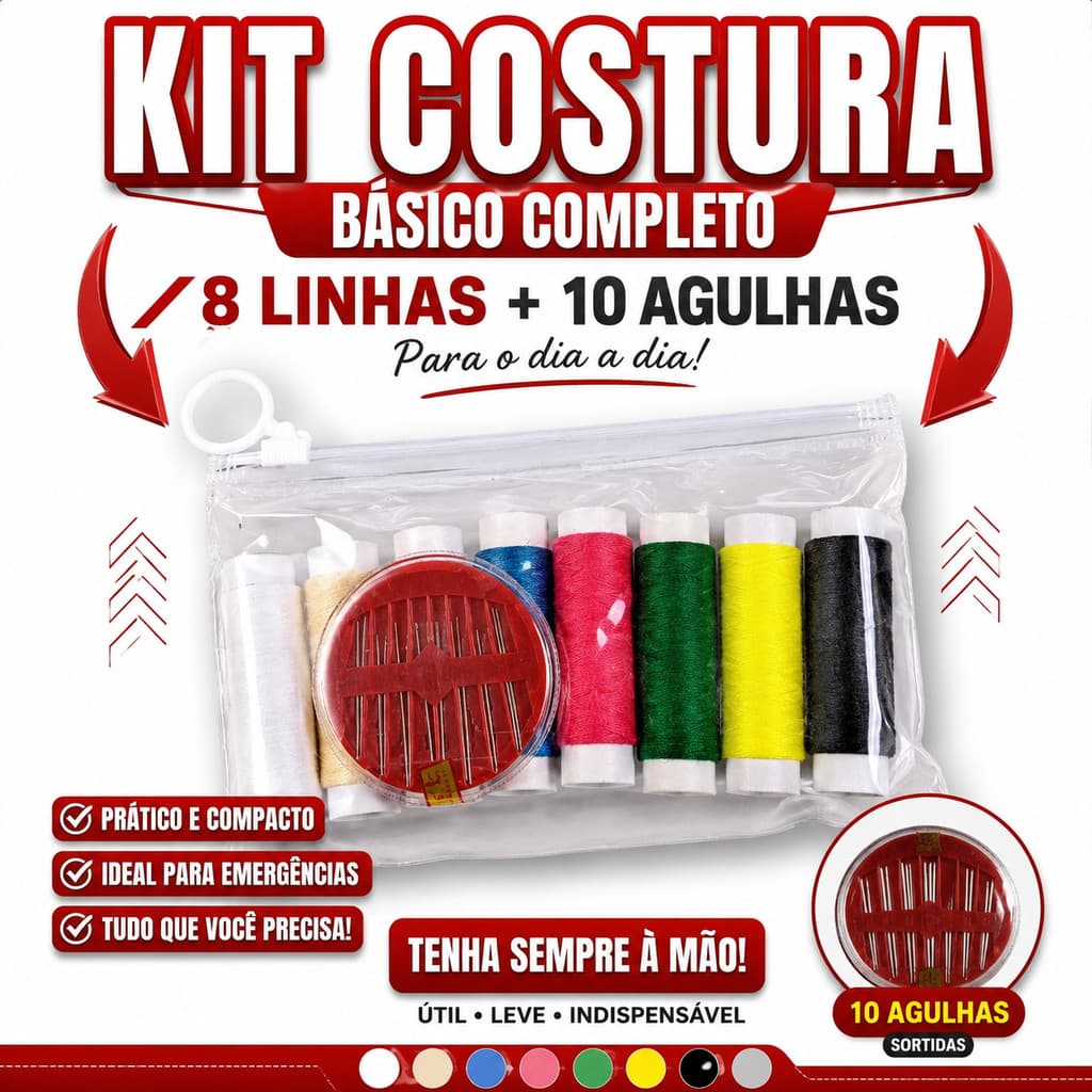 Kit Costura Básico Portátil 8 Linhas 10 Agulhas Cores Sortidas para Reparos Roupas Viagem