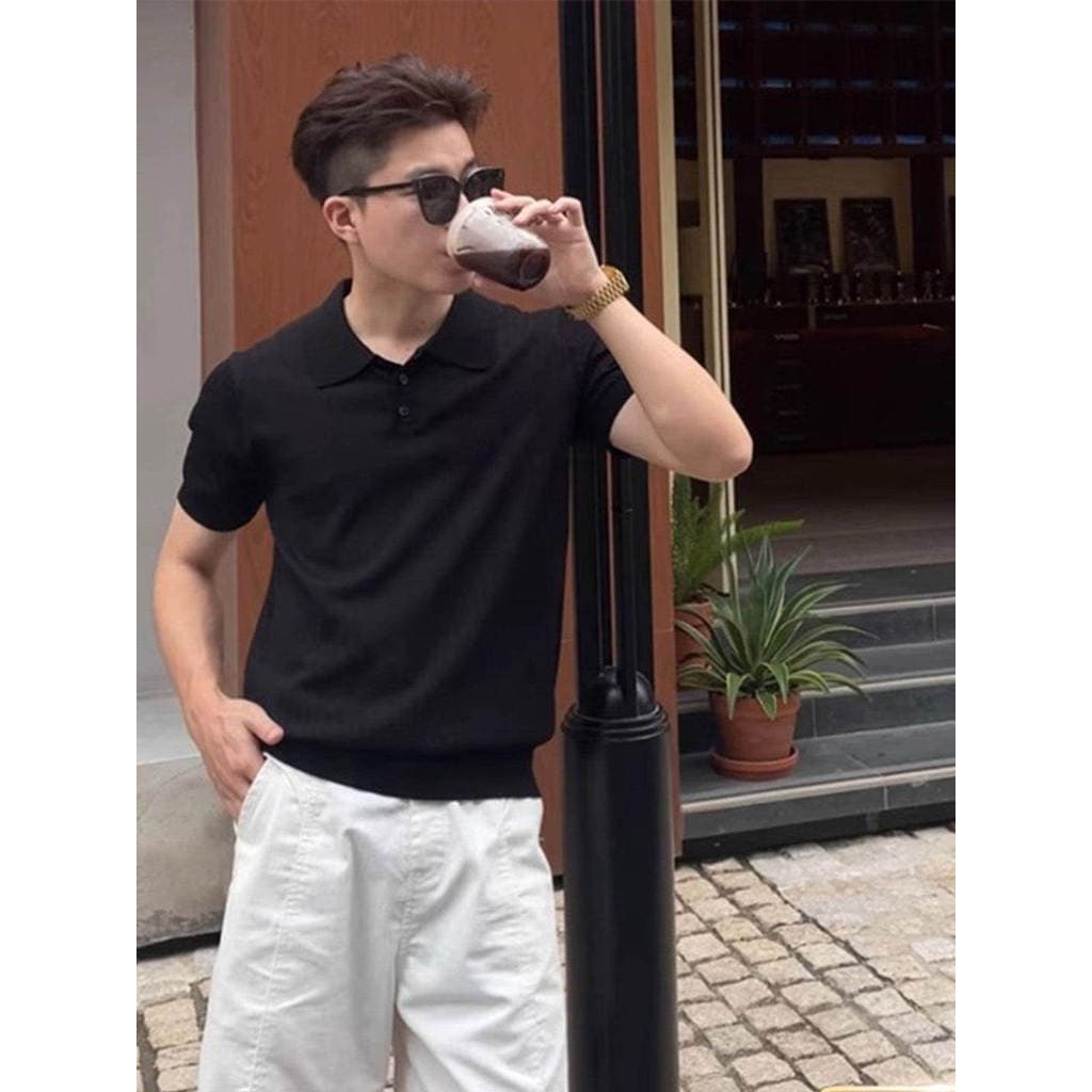Camisa polo masculina de manga curta, estilo dinheiro antigo, malha preta, seda gelada, verão, leve, respirável, lapela,