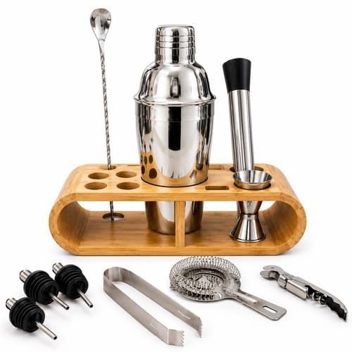 Kit Bartender Completo Coqueteleira Acessorios Profissional Suporte Bambu Elegante
