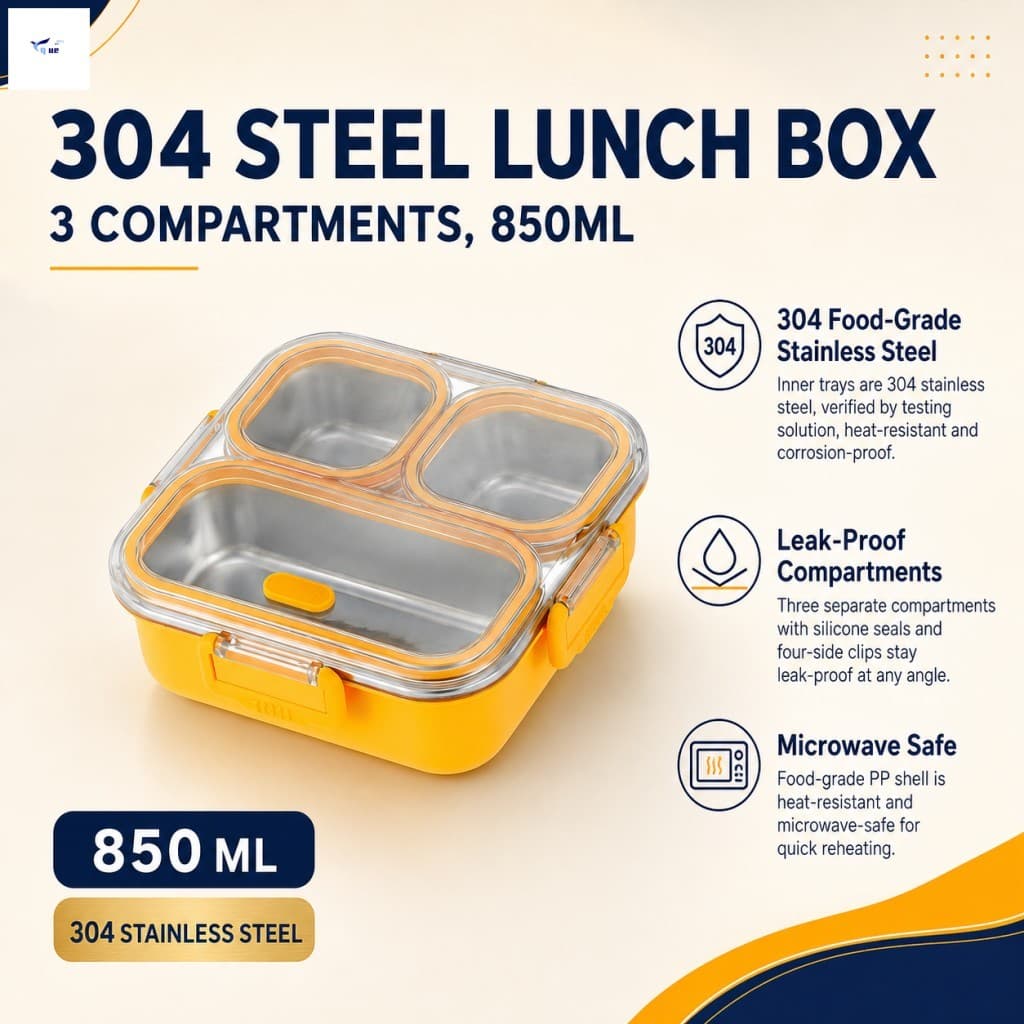 304 Aço Inoxidável Bento Caixa 850ml 3 Compartimentos À Prova De Vazamento Almoço Recipiente Microondas Seguro De Armaze