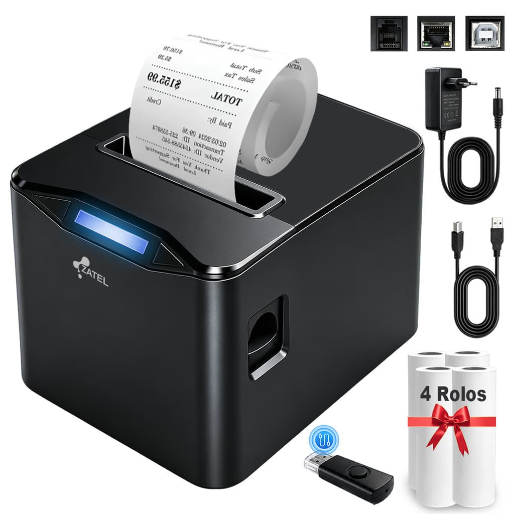 ZATEL Impressora Térmica 80mm Delivery Restaurante Mercado Comércio Recibo Fiscal Portátil Diver USB