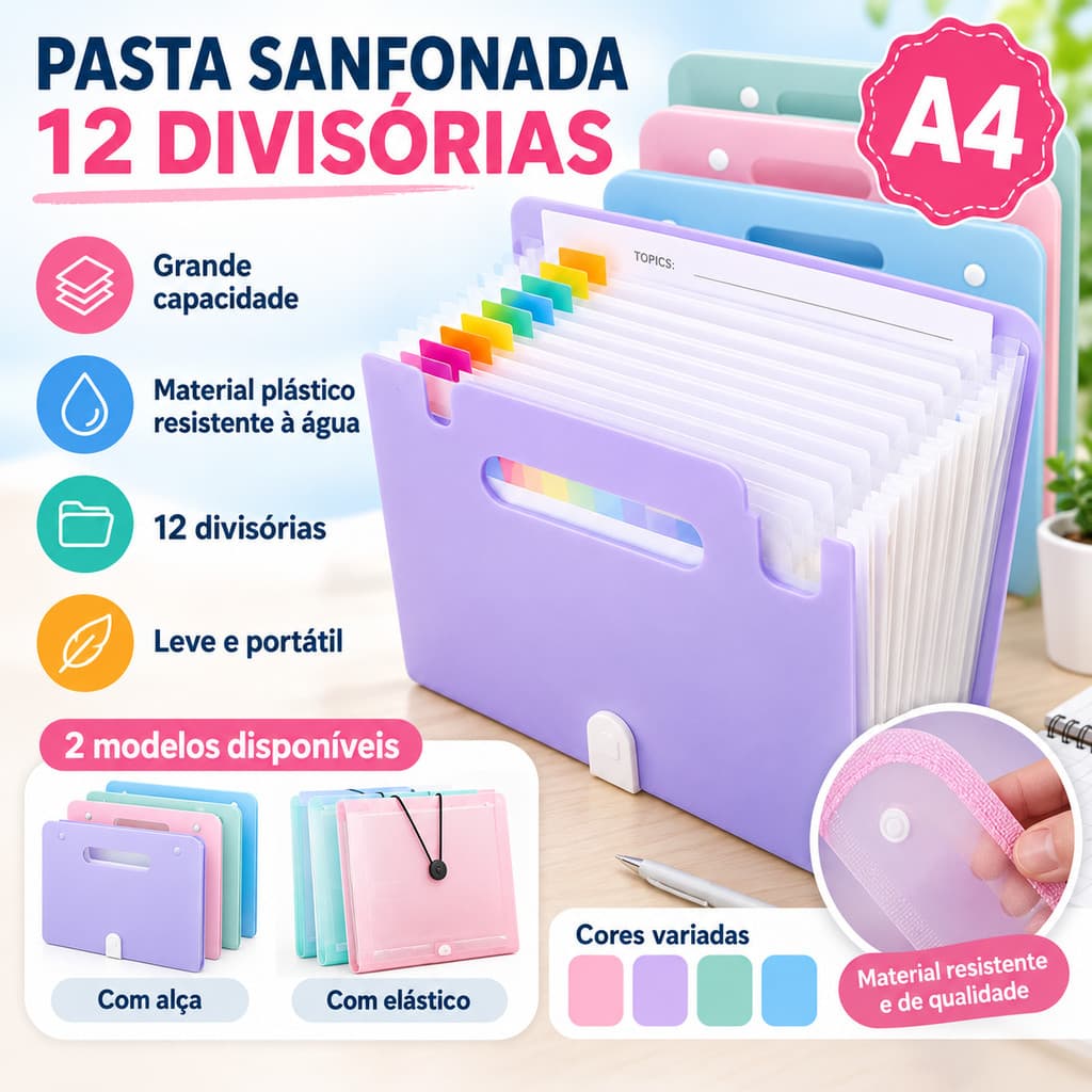 Pasta Sanfonada A4 12 Divisórias Organizador de Documentos Plástico Resistente à Água com Etiquetas Escolar Escritório