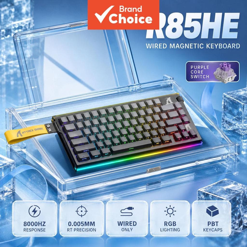 Teclado Mecânico de Jogos Mini USB ATTACK SHARK R85HE, Retroiluminação RGB, Interruptor de Jogos, Teclado Compacto,