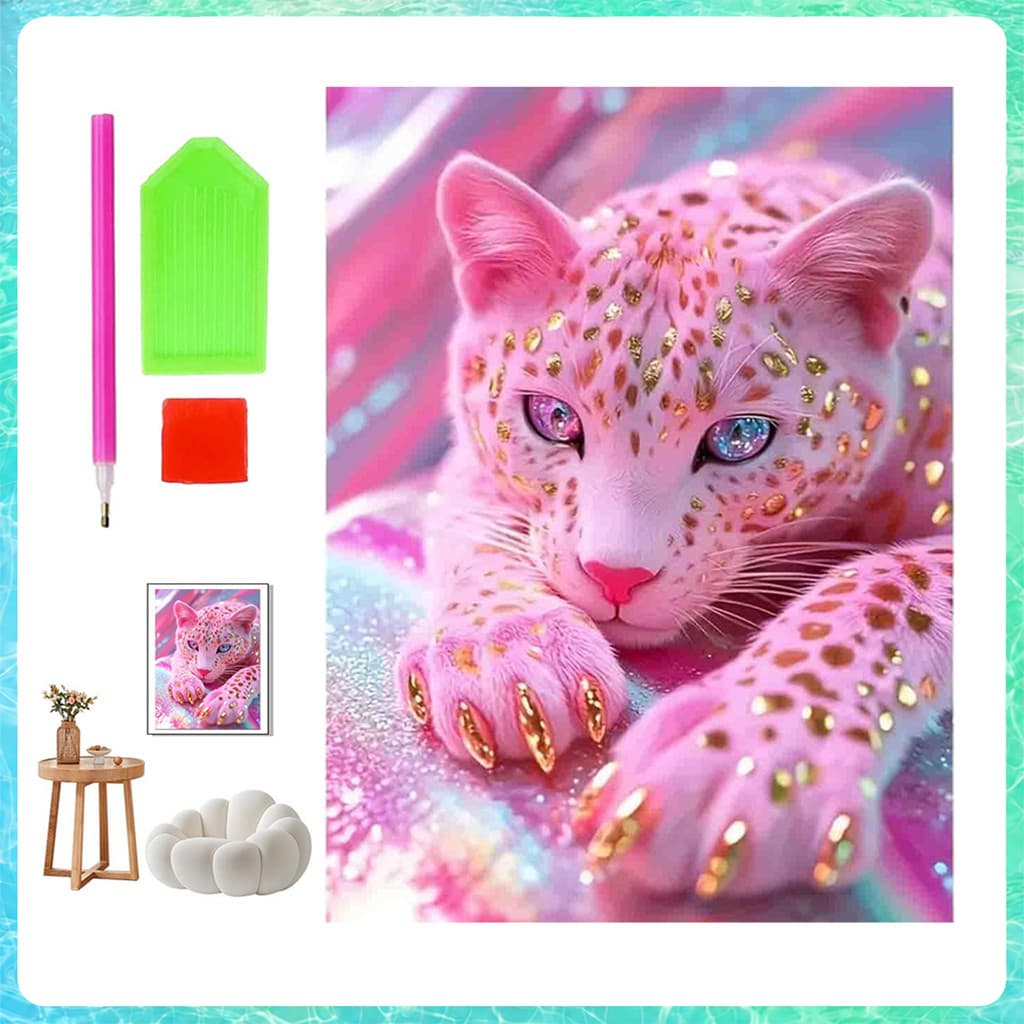 Pintura de Diamante 5D Quadrada 30x40cm Cheetah rosa – kit anti-stress, arte decorativa, presente criativo, relaxante