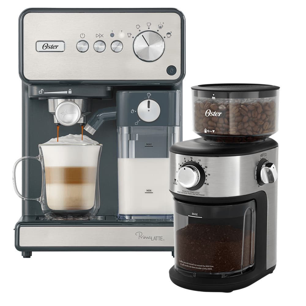 Kit Cafeteira Espresso PrimaLatte Inox e Moedor de Café Precision 18 níveis Oster