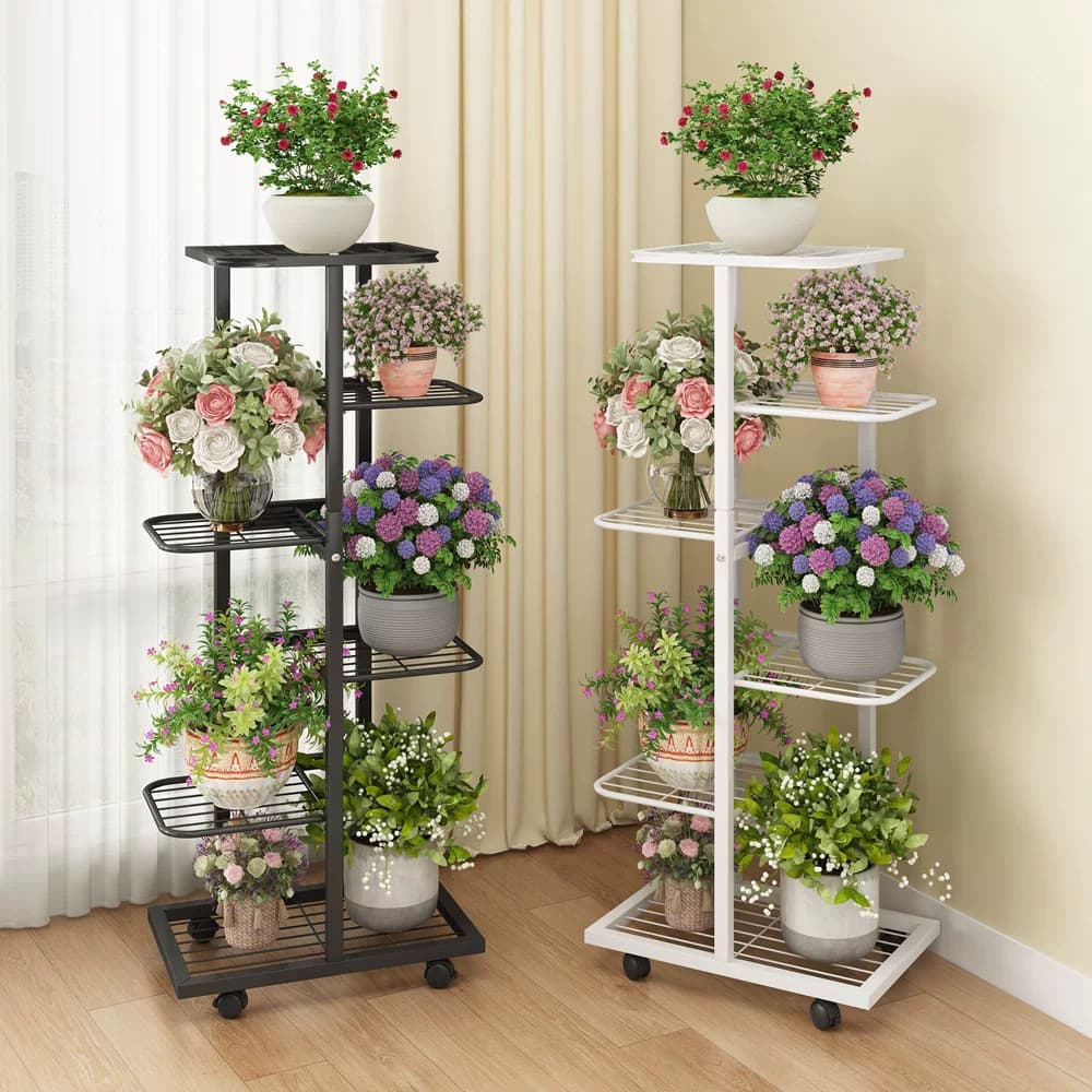 Floreira Suporte Vaso de Planta 6 Andar Vertical Apartamento Com Rodinha Aço Silver Steel
