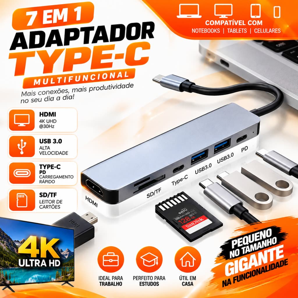 Adaptador Multifuncional Tipo-C 7 Em 1 Celular e Notebook Hub3.0