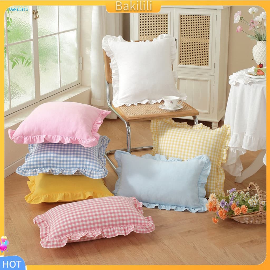 { Bakili } Capas De Almofada Decorativas Almofadas De Cama Macias E Respiráveis De Algodão Xadrez Com Babados Capa Borda