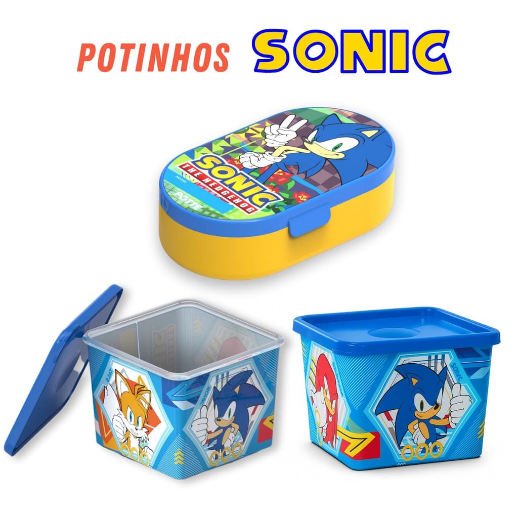 Kit Pote Infantil Sonic Potinho Marmita Lanche Escolar Bebê Criança Lancheira Volta as Aulas