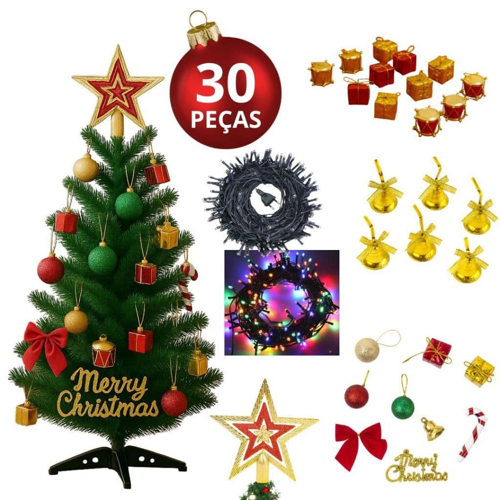 Árvore de Natal Decorada 90cm/120cm/60cm Completa com Pisca Pisca Ponteira e 27 Enfeites Variado