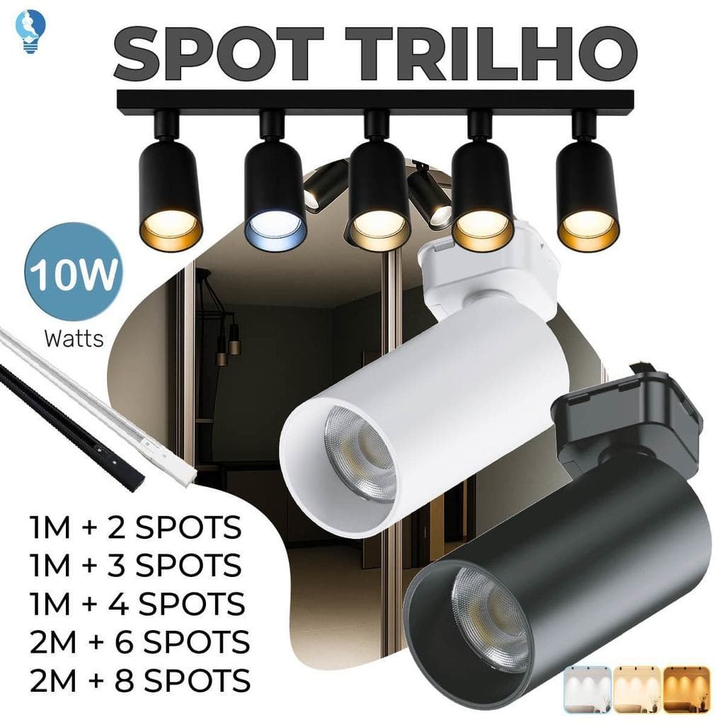 Trilho Spot LED para trilho eletrificado + Trilho + Conector Tubinho Preto e Branco 10W Bivolt