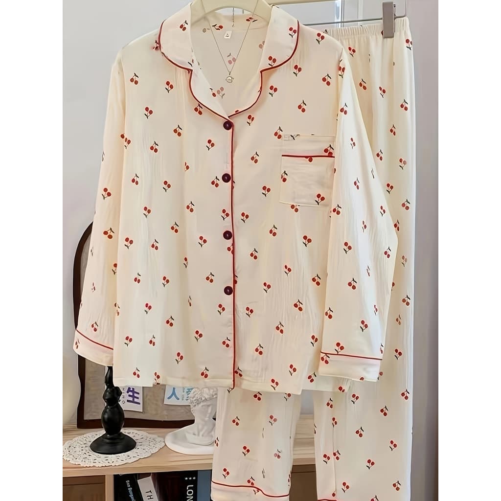 Conjunto de pijama adulto elegante com estampa de cereja - poliéster e elastano, padrões de vegetais de frutas tecidas,