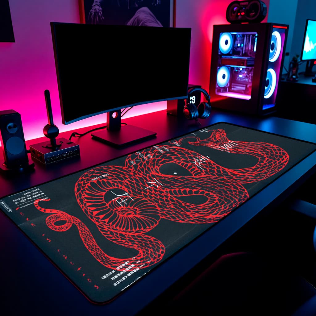 Mouse Pad Gamer Cobra Red 65x30cm / 80x40cm / 90x50cm / 120x60cm / Borda Costurada