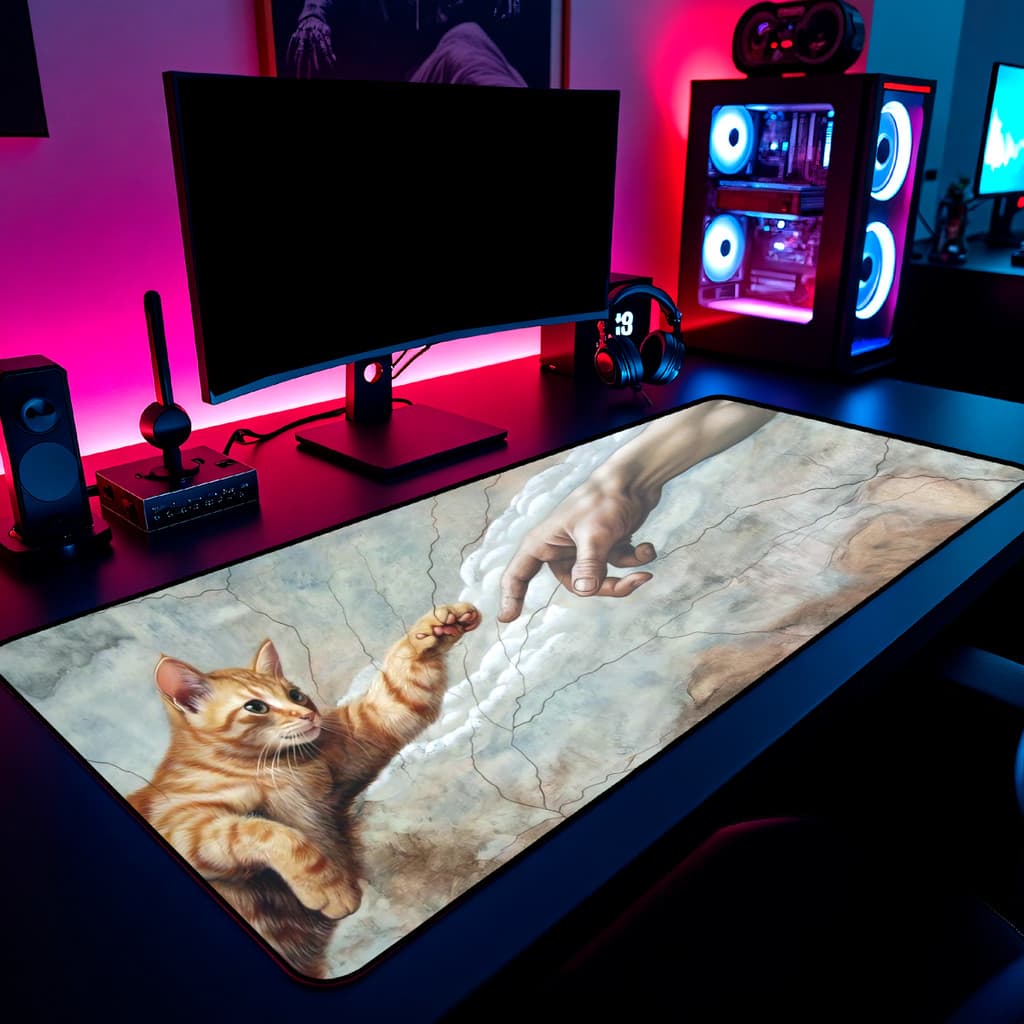 Mouse Pad Gamer Gato A Criação de Adão 65x30cm / 80x40cm / 90x50cm / 120x60cm / Borda Costurada