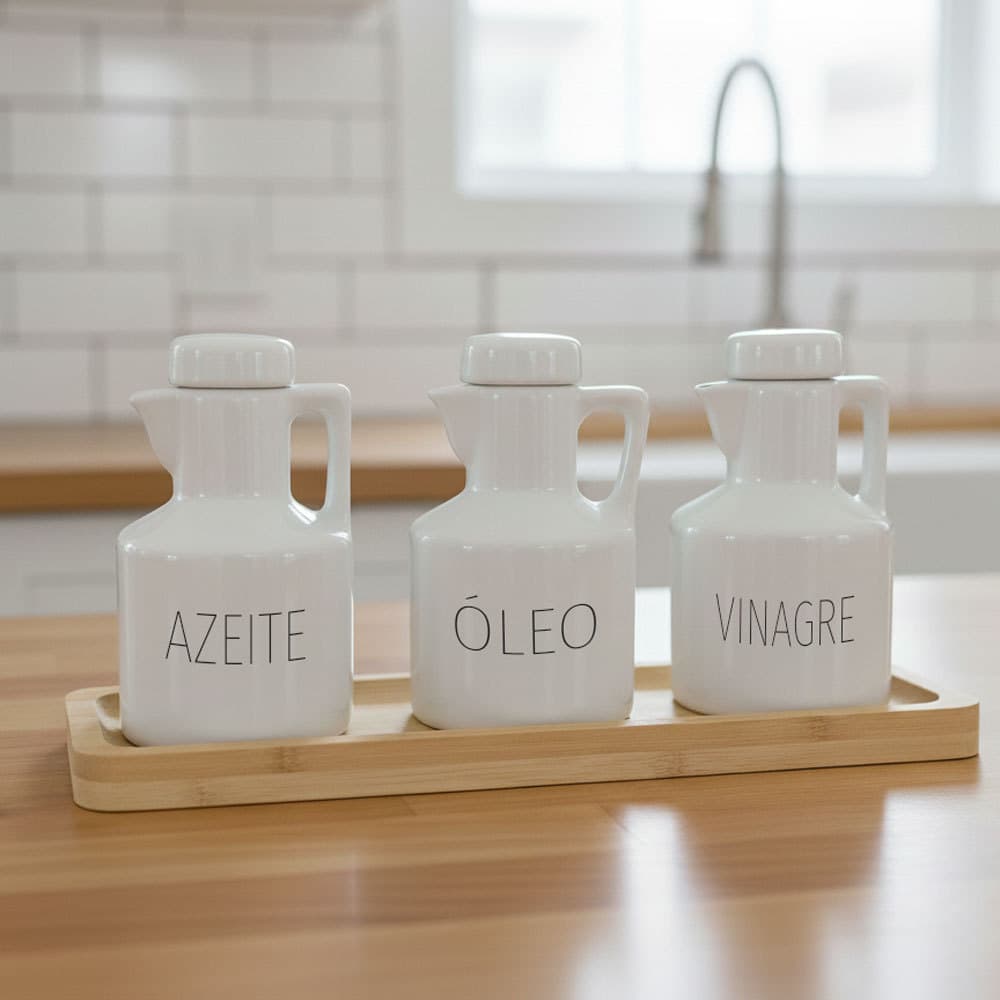 Kit 3 Garrafas Galheteiro Azeite Óleo e Vinagre com Bandeja Bambu