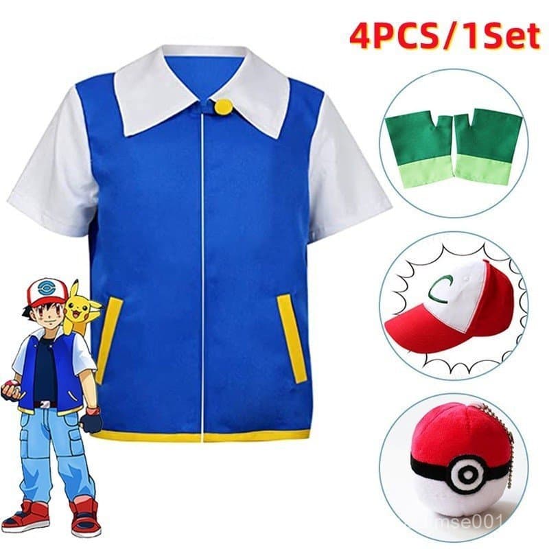 Fantasia de Cosplay de Ash Ketchum para Adultos e Crianças, Conjunto de Luvas e Chapéu, Treinador, Moletom de Halloween