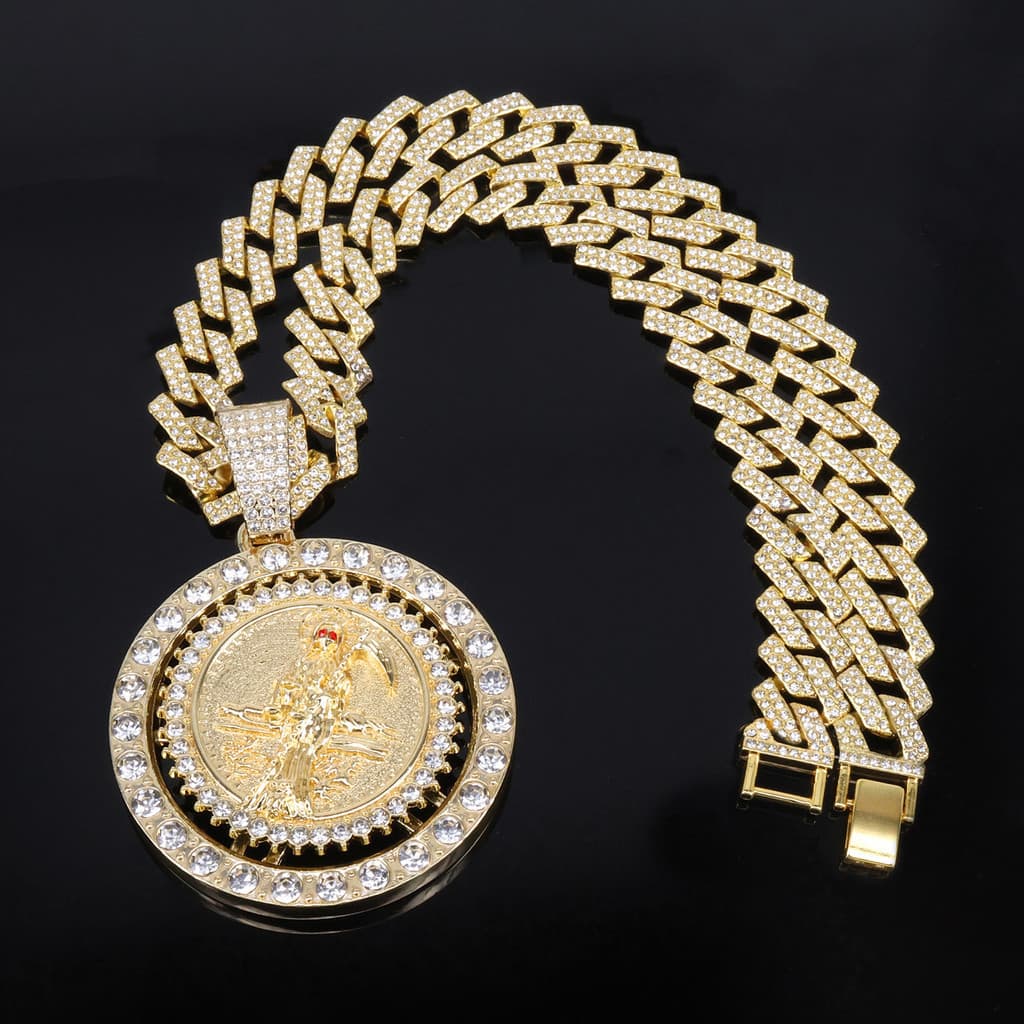 Pingente Rotativo Personalizável do Ceifador, Incrustado com Diamantes, Joia de Estilo Hip-Hop em Liga, Colar Rotativo L