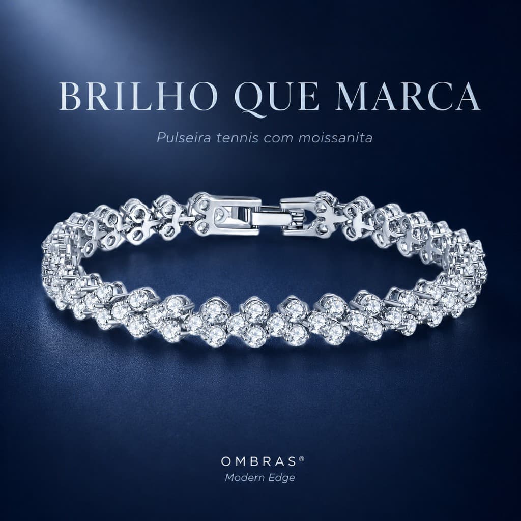 Pulseira Feminina OMBRAS Riviera, Zircônia Cúbica, Banhada a Ouro Branco 18K, Modelo de Luxo, 18 cm XMMX