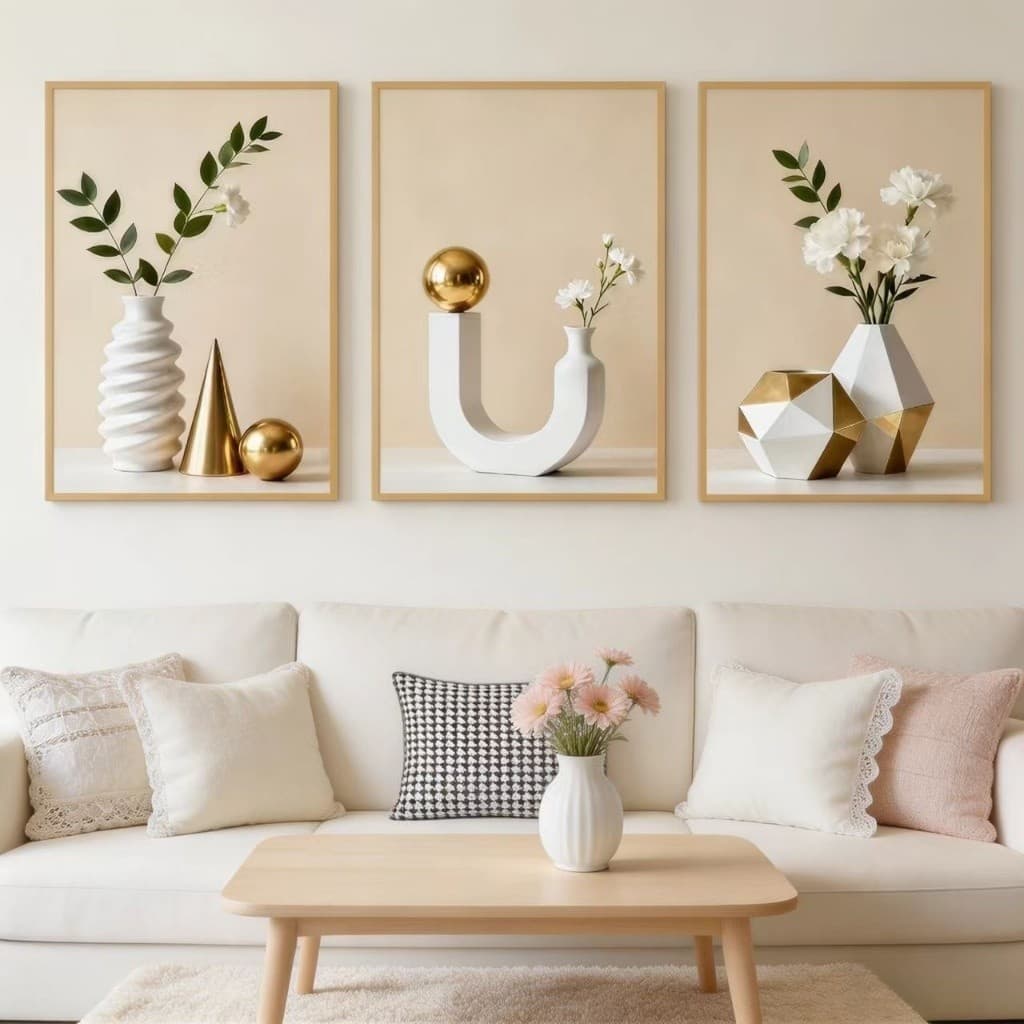 Kit 3 Quadro Decorativo 3 Peças Vaso Branco Dourado Abstrato Geométrico Moderno Decorar Sala Quarto Sala Decoracao