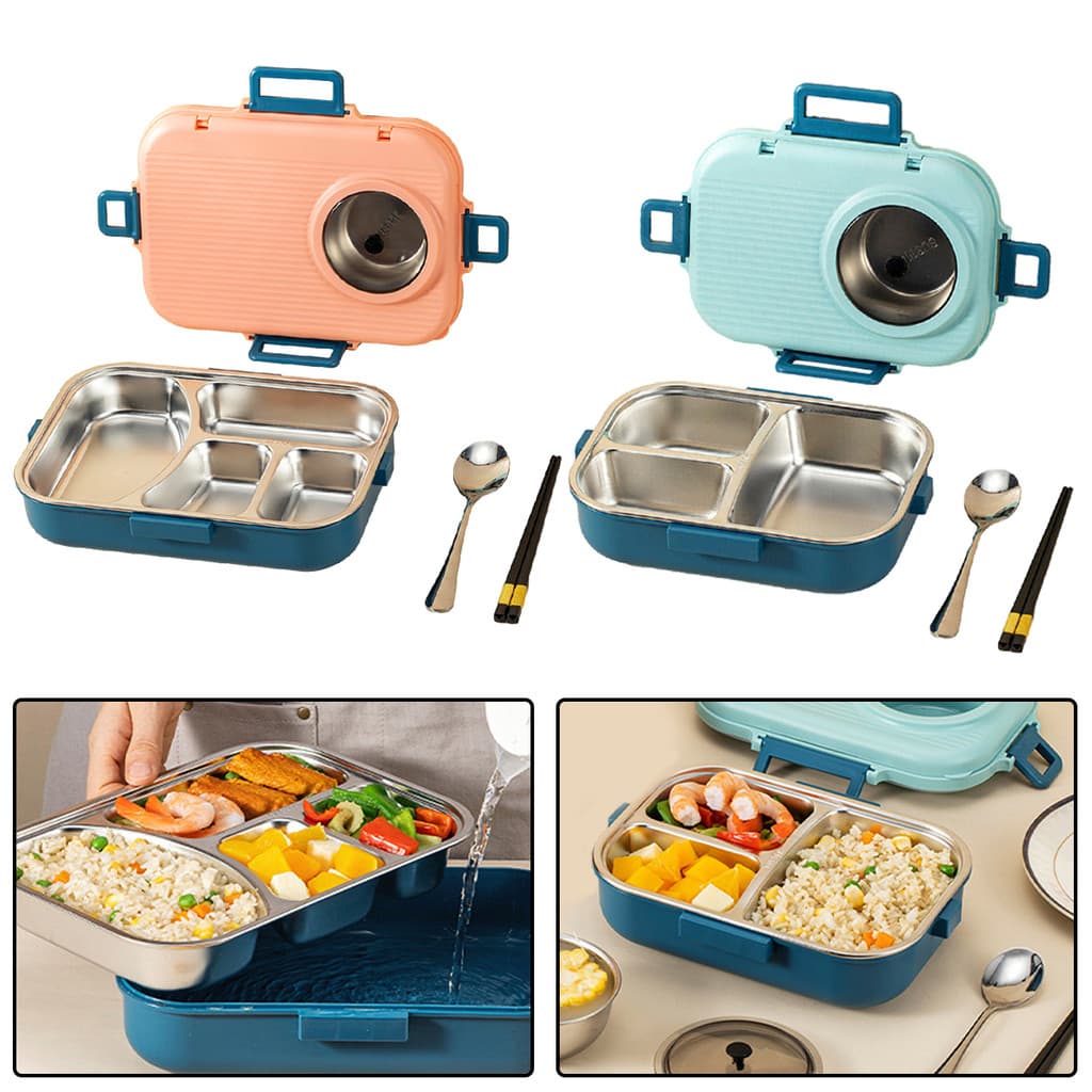 [Temponetics] Lancheira Bento Dividida Em Aço Inoxidável 304 Com Talheres 4 Grades Recipiente De Alimentos Selado De Gra
