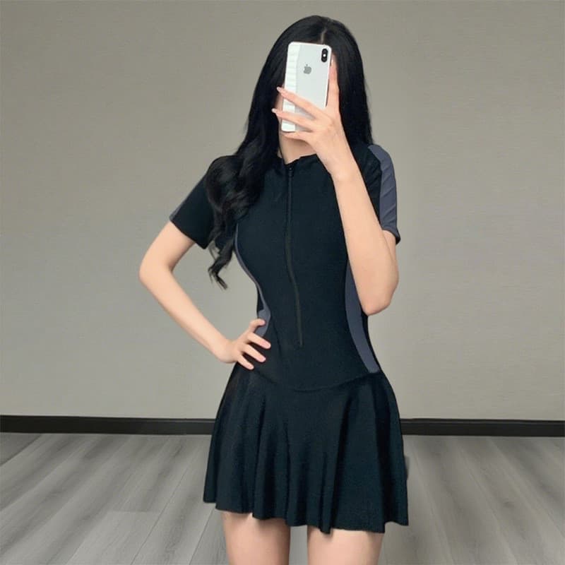 Maiô de uma peça saia feminina roupas esportivas mais magro olhar simples primavera quente preto senhoras verão corrida