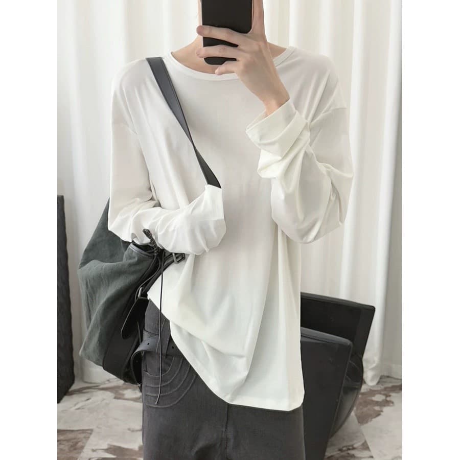 Lyocell Nanos camiseta masculina leve ligeiramente transparente solta blusa de manga comprida sedosa Modal malha camisa