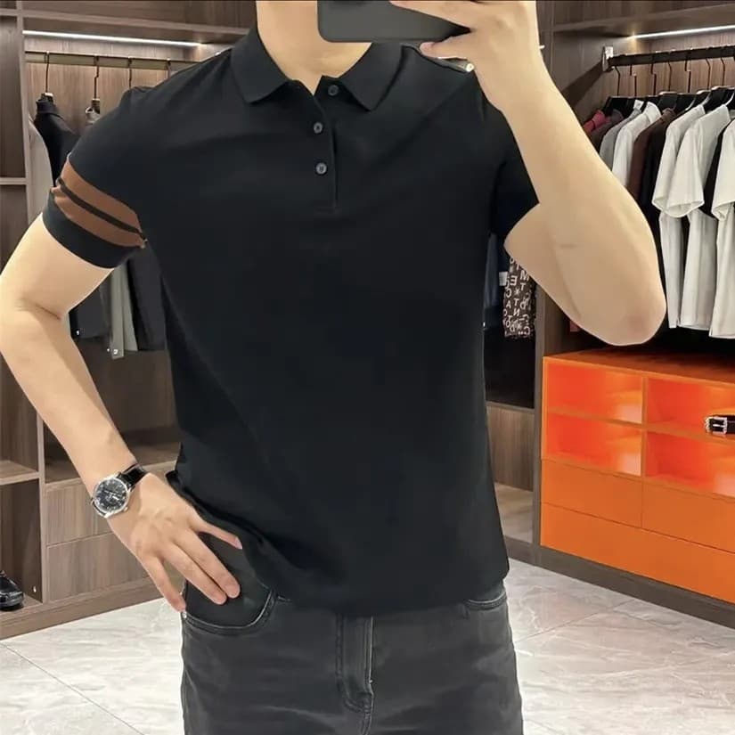 Street Wear verão camisa polo masculina de manga curta lapela estilo fino costura impressa meia manga topo Casual Paul c