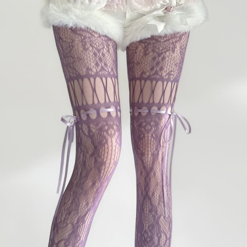 Novidades Primavera/Verão: Meia-calça de malha com laço de renda, Meia-calça estilo Y2K, Meias de malha coloridas rasgad