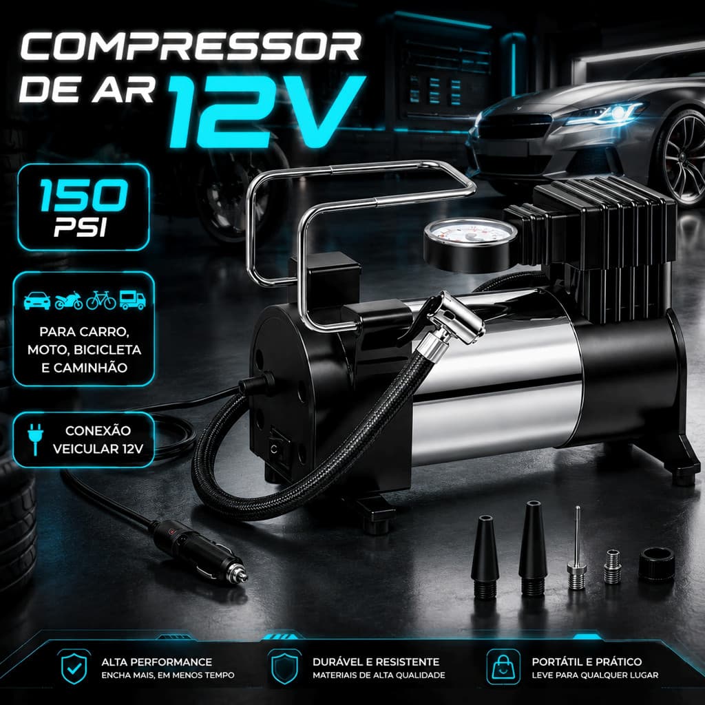 Compressor de Ar Portátil 12V 350W com Manômetro Digital | Para Pneu de Carro, Moto, Bike e Onibus | 3 Bicos Inclusos BK