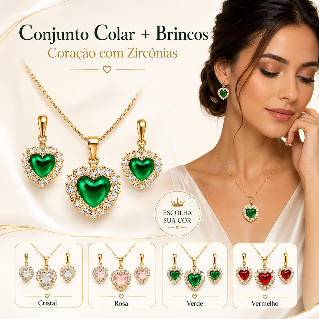 Colar E Brinco Coração Brilhante Colorido Rosa Vermelho Lilás Cravejado Ouro 18k - Antialérgico