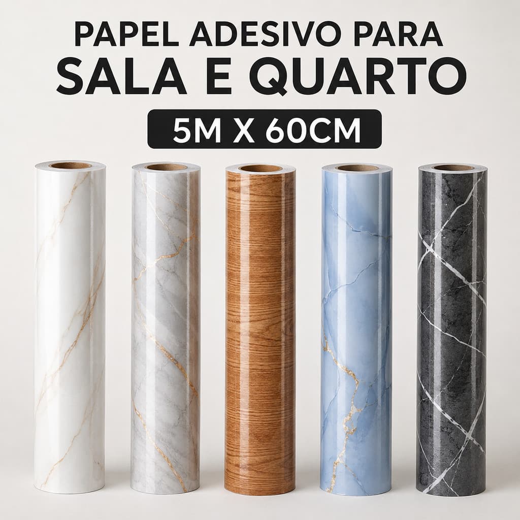 Papel de Parede Madeira e Mármore 3D Autocolante 5m x 60cm Decoração para Quarto e Sala