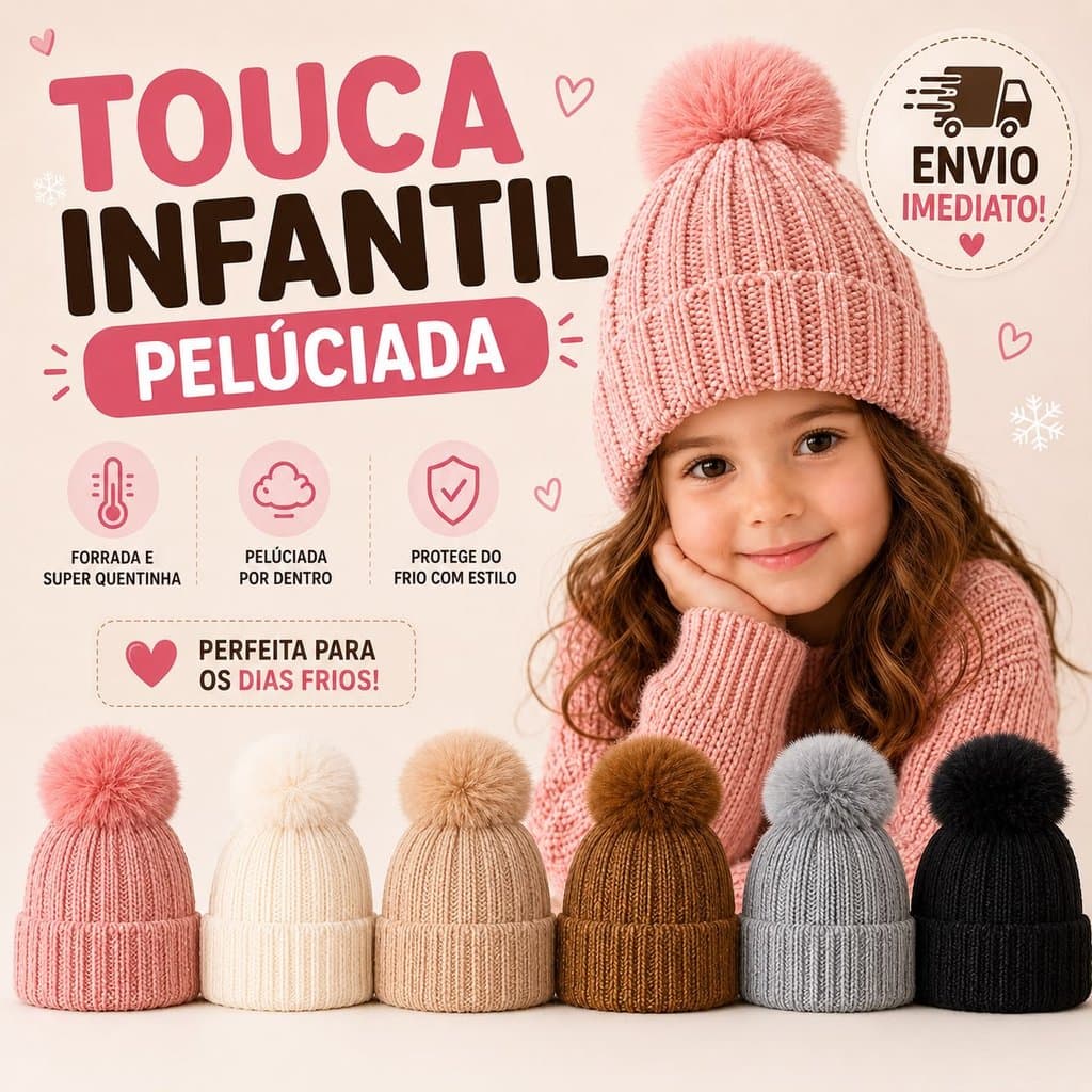 Touca Infantil Juvenil 5-10 Anos Forro Peluciado Pompom Grande Menino Menina