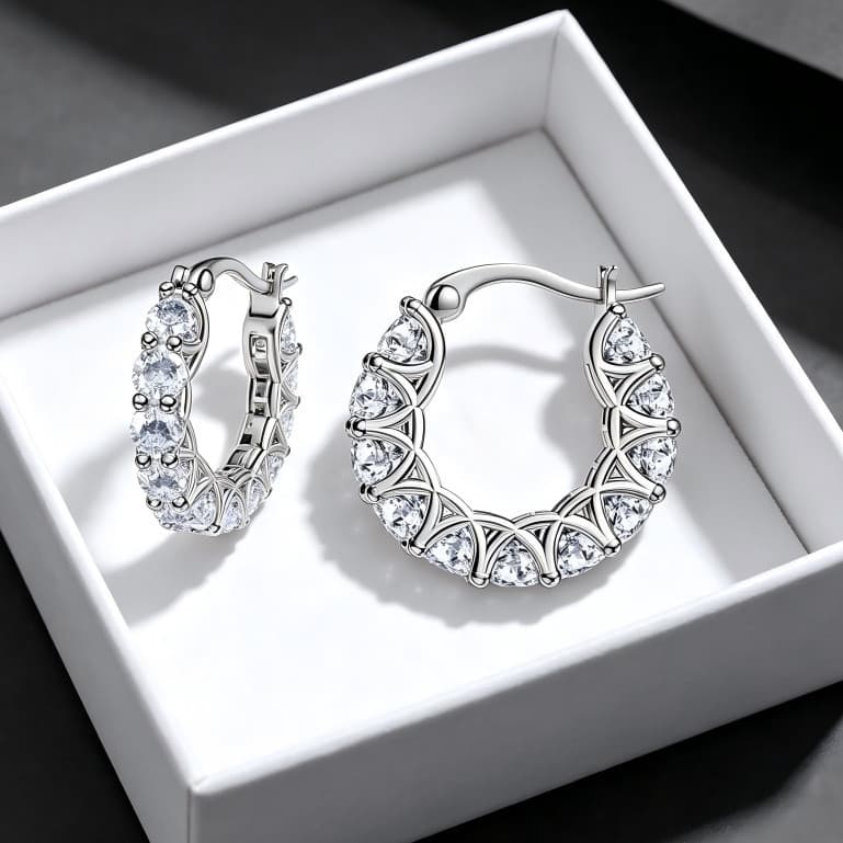 Brincos reticulados em forma de C com diamante | Prata S925