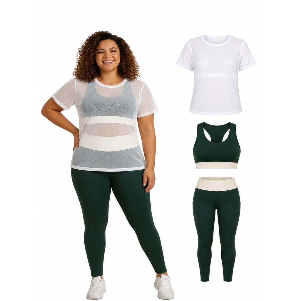 Conjunto Academia Plus Size G1 48 Legging Cropped Suplex Zero Transparência + Tule Roupa Fitness