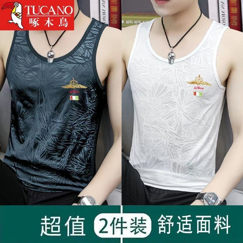 Woodpecker em torno do pescoço colete de seda gelo masculino verão esportes Fitness roupas de secagem rápida solto sem m
