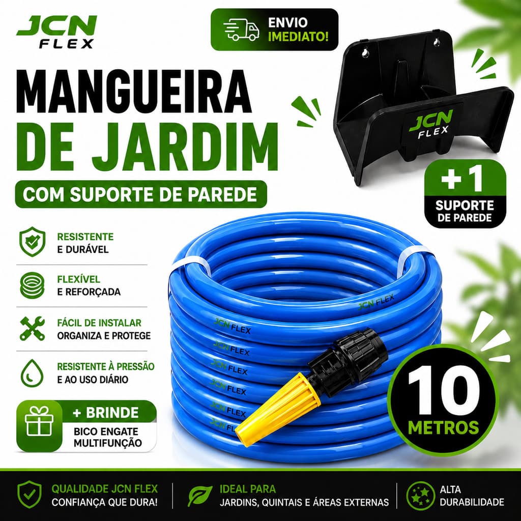 Mangueira Jardim 10m Flexível Reforçada com Enrolador e Bicos JCN FLEX