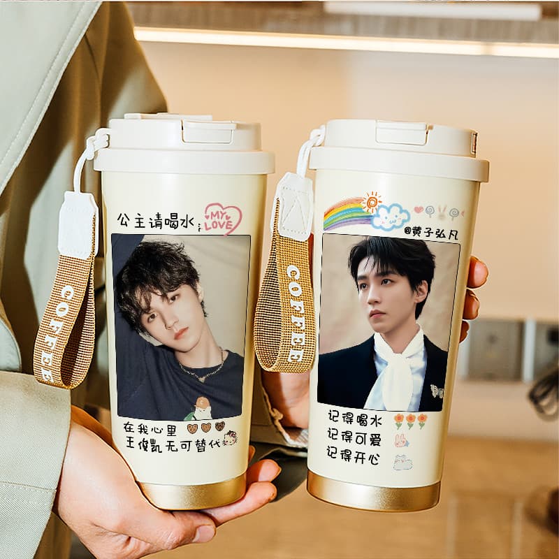 TFBOYS Wang Junkai Mercadoria Copo térmico 316 Xícara de café de aço inoxidável Copo de água de palha de alto valor Forr