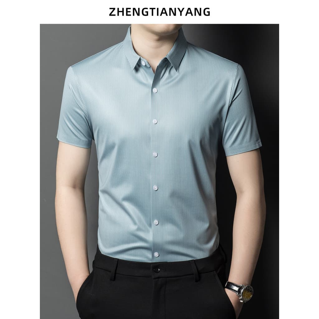 Mulberry seda Lyocell sem costura camisa de manga curta masculina verão listras verticais finas camisa fina seda gelo le