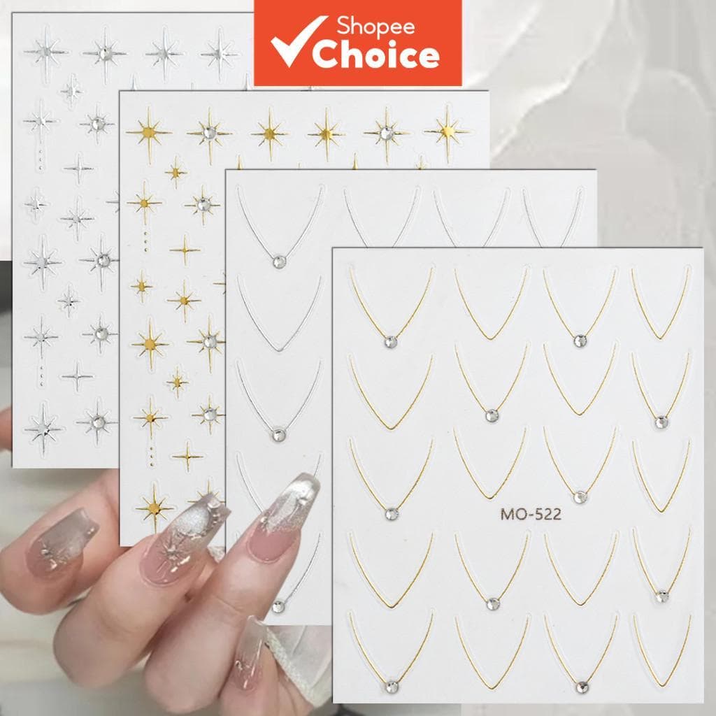 4/8 Folhas 5D Adesivos de Arte de Unhas Francesas com Estrelas Douradas e Prateadas em Formato de V, Metálicos em