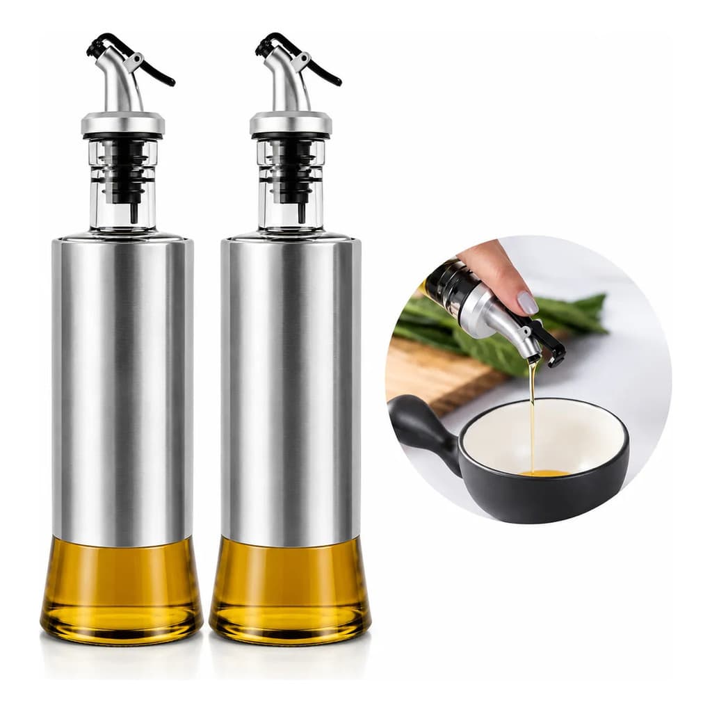 Kit 2 Porta Azeite Vinagre Vidro Com Dosador Inox Azeiteiro