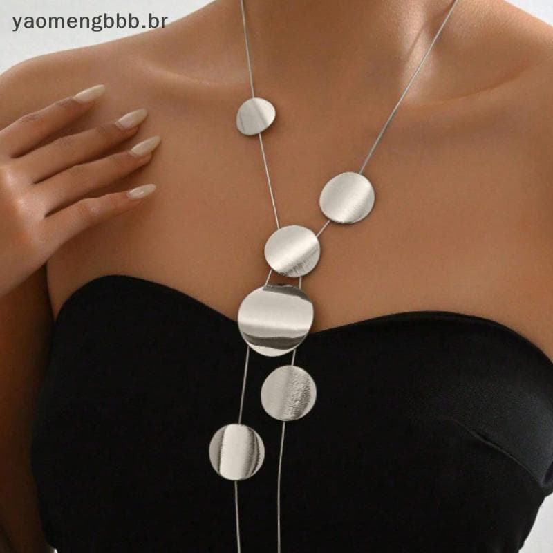 [yaobb] Moda Temperamento Geométrico Peça Redonda Longa Nelace Personalidade Feminina Corrente De Clavícula Em Forma De