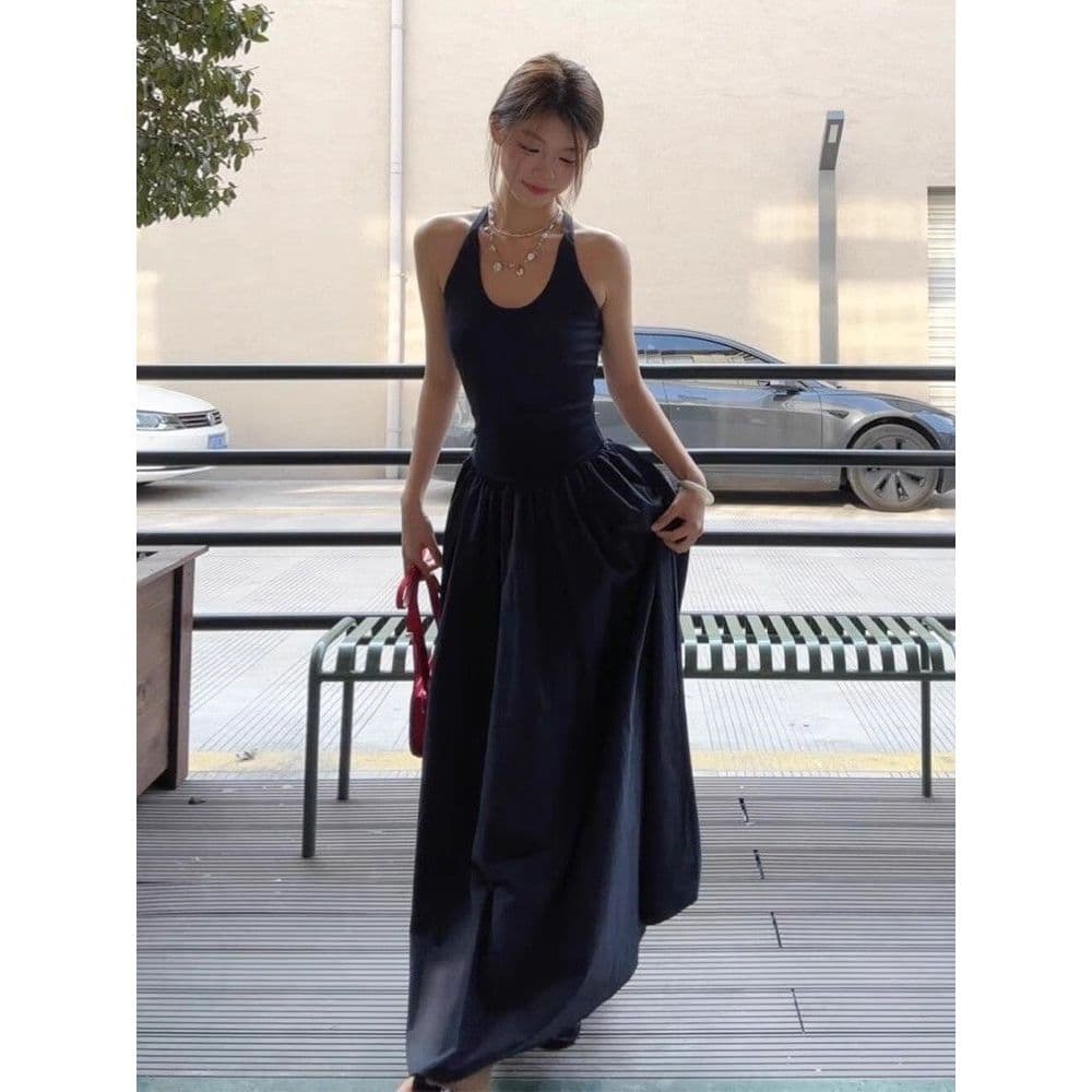 Azul sem mangas Halter camisola vestido feminino verão 2025 novo estilo estilo francês linda saia longa