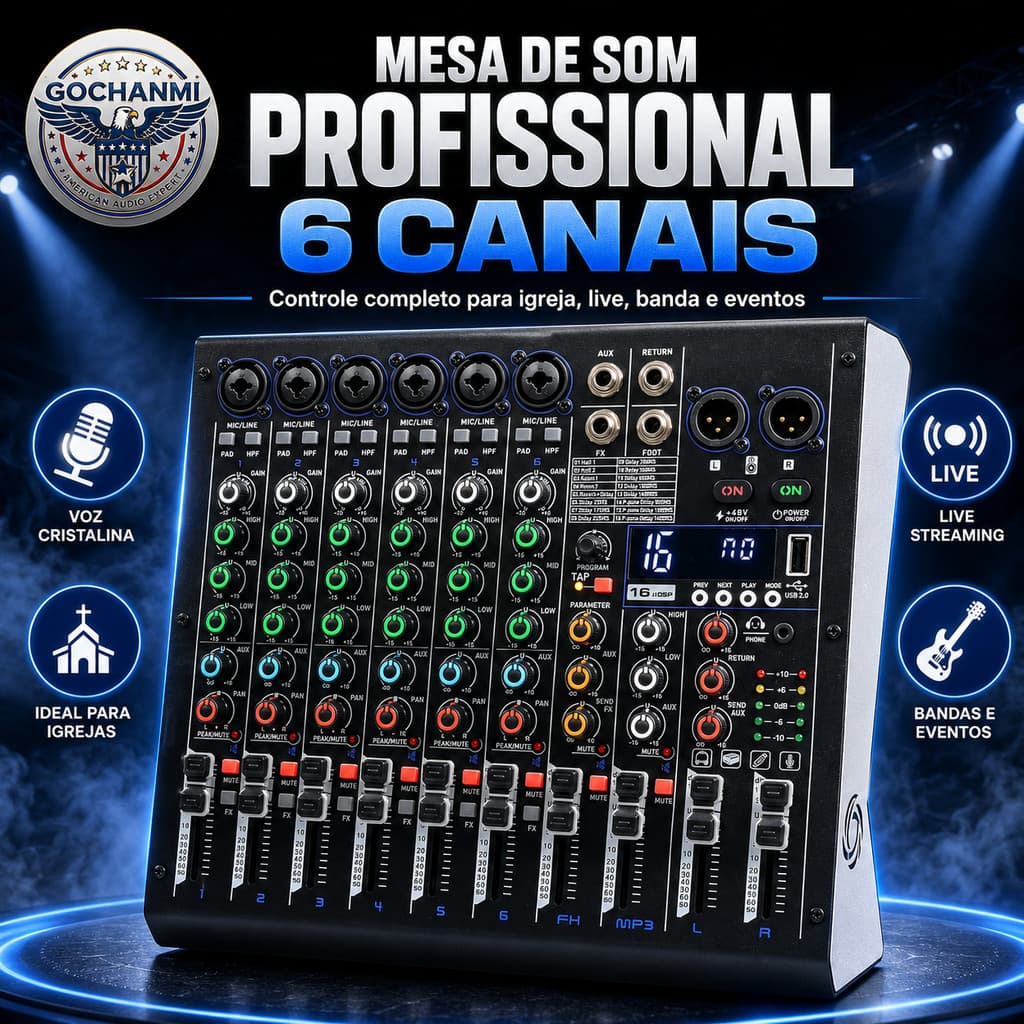 Mesa de Som Profissional BW6 6 Canais Bluetooth USB 16 DSP Phantom Power 48V