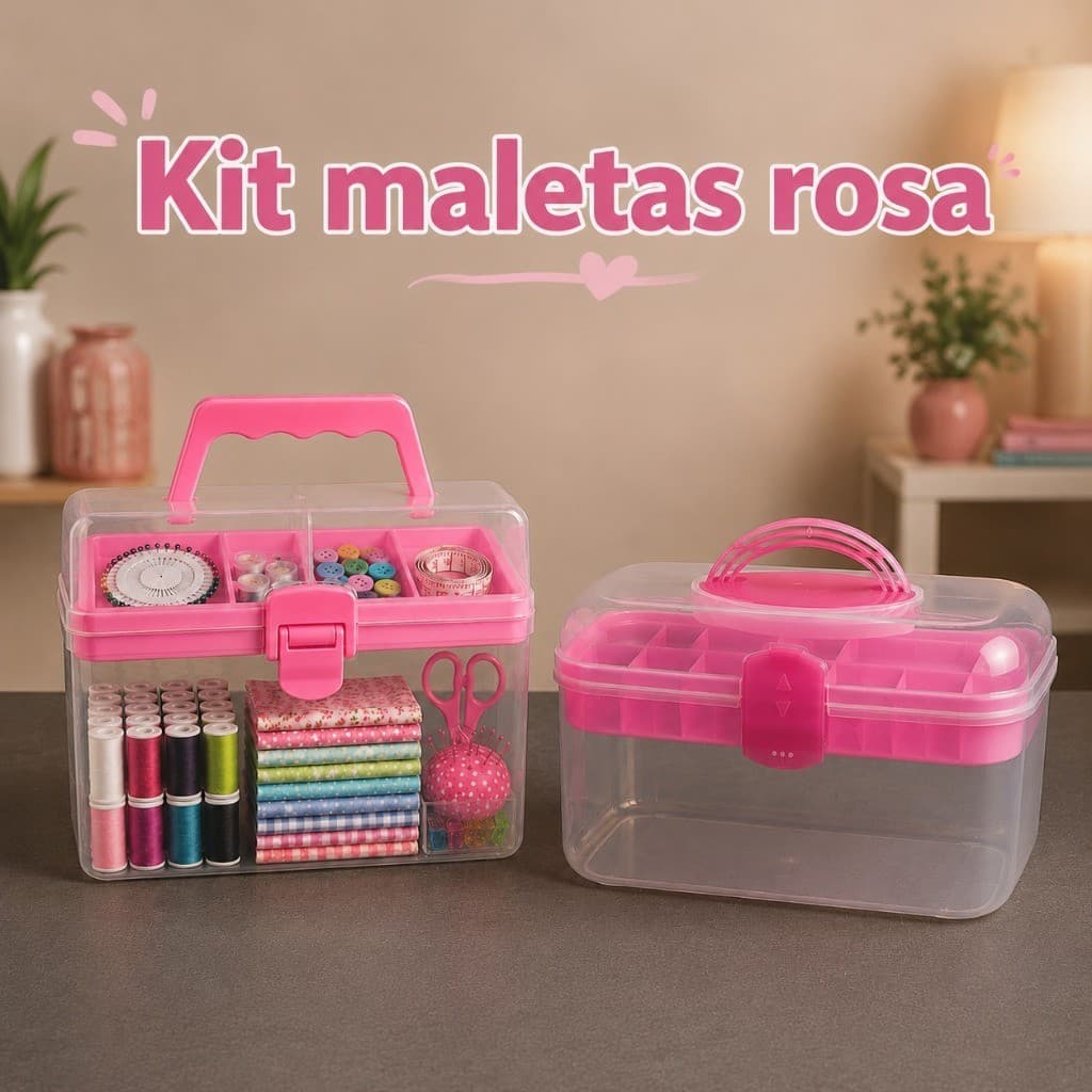 Kit Maletas Caixa Organizadora Rosa Transparente Para Costura e Artesanato
