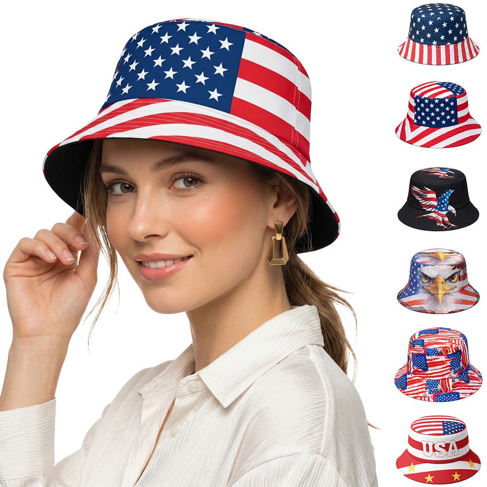 [Estoque pronto] Chapéu balde com bandeira americana, dia independente, estrela, listra, bandeira impressa, chapéu de ba