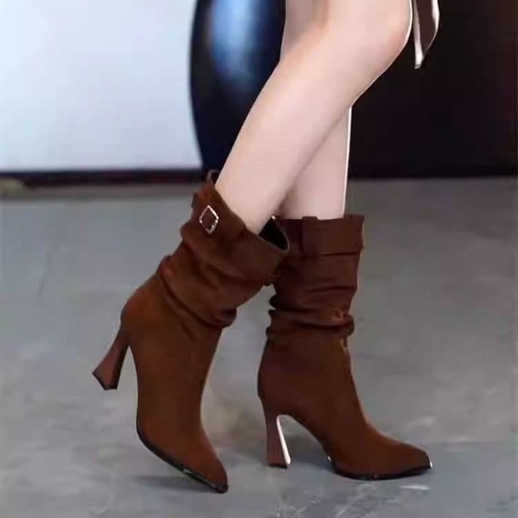 Temperamento francês moda fivela de cinto pequeno tubo médio fino pilha botas femininas outono inverno novo estilo botas