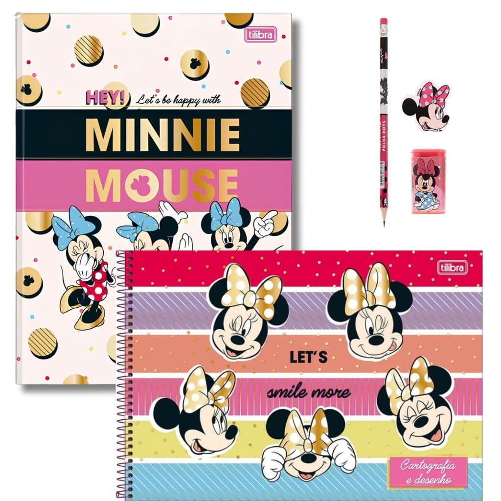 KIT ESCOLAR + CARTOGRAFIA + CADERNO BROCHURÃO CAPA DURA  80FLS MINNIE MOUSE