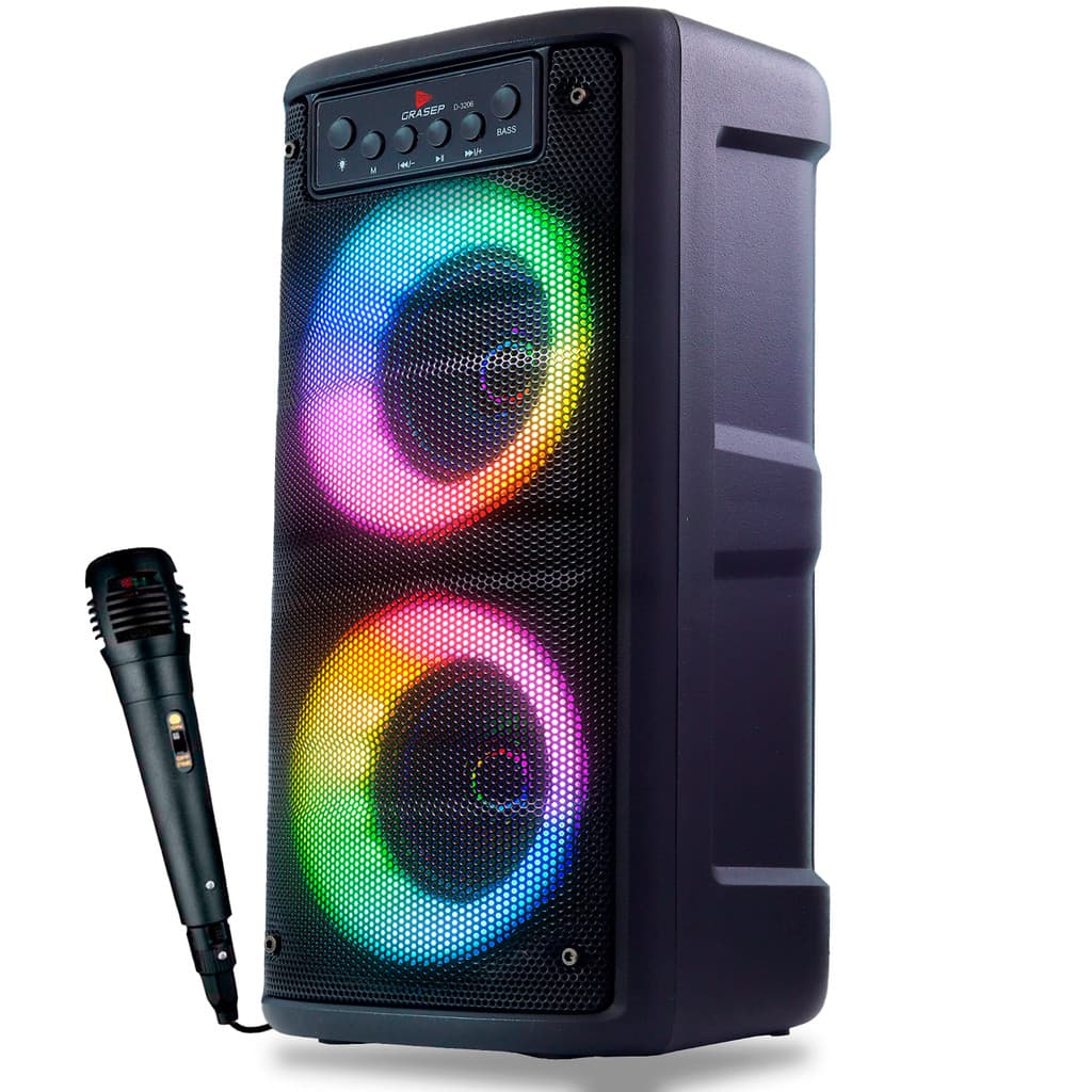 Caixa de Som Bluetooth LED RGB PartyBox P2 Potente Karaokê Com Microfone FM